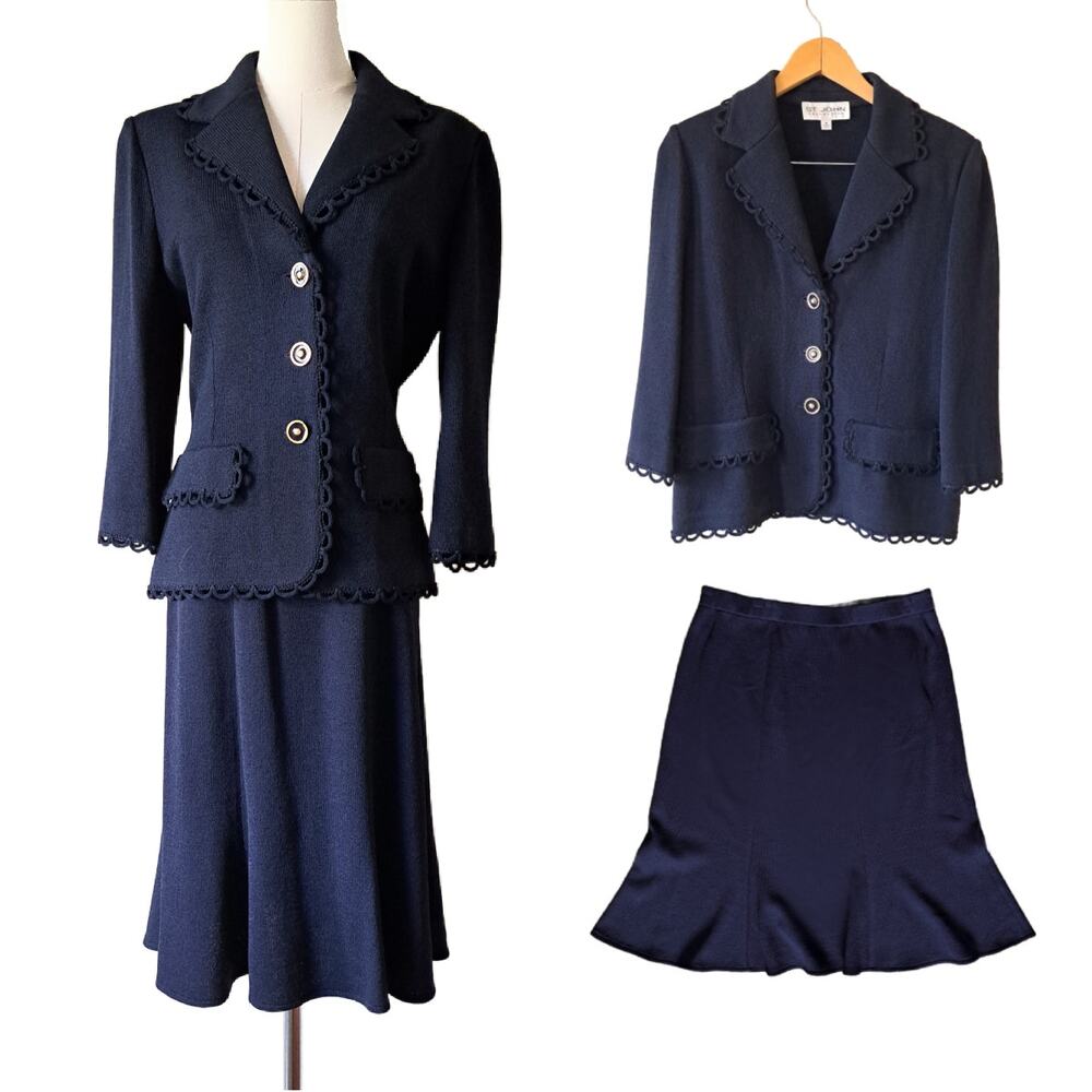 ST. JOHN COLLECTION Navy Santana Knit Scalloped Trim Skirt Suit Set 10 12
